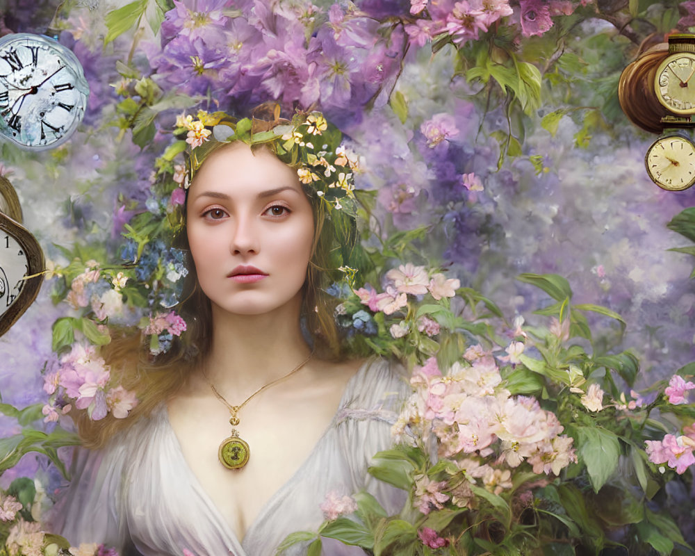 Serene woman with floral crown among blooming flowers and vintage clocks in violet backdrop