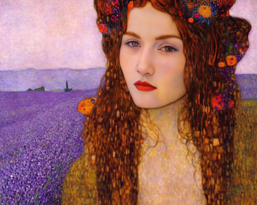 Portrait of woman with red hair blending into lavender field background in impressionist style