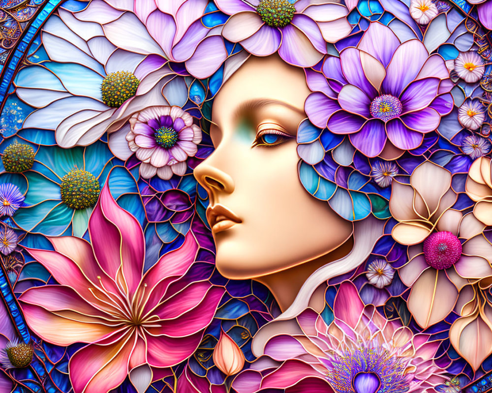 Detailed digital artwork: Woman's profile merges with vibrant flowers on patterned background