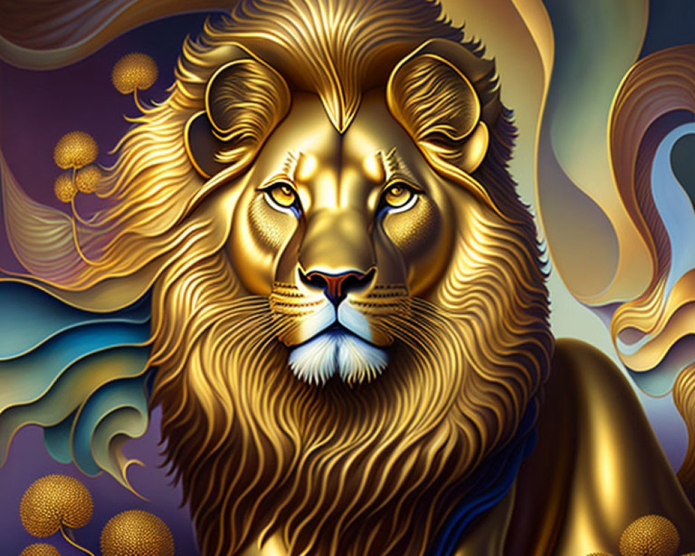 Majestic golden lion illustration on abstract swirling background