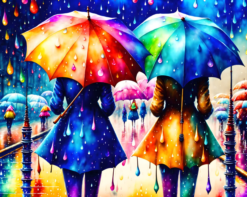 Vibrant umbrellas in the rain on reflective surface