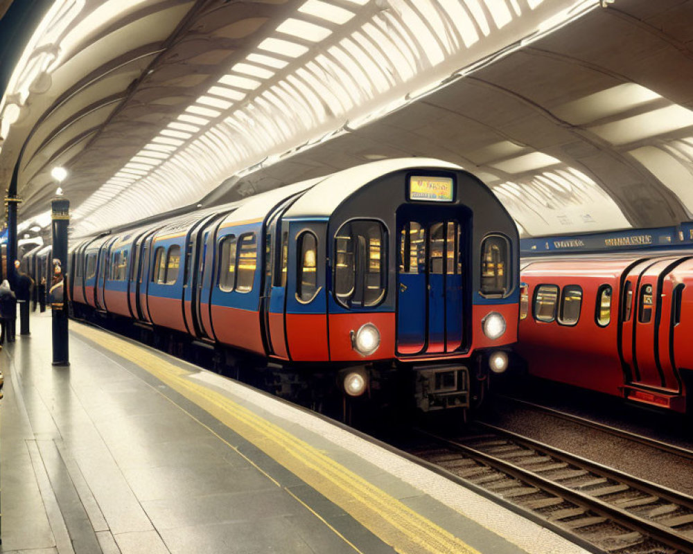 Colorful metro train at station with white curved ceiling, tiled walls, platform signs, soft lighting.