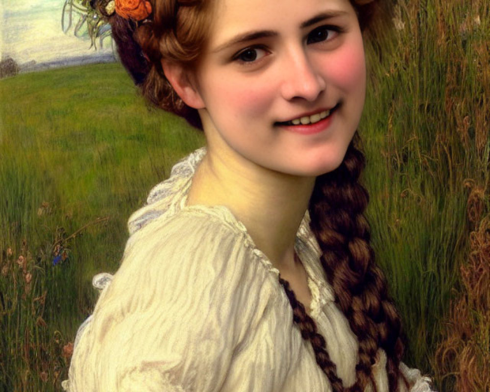 Smiling young woman with flower crown in field setting