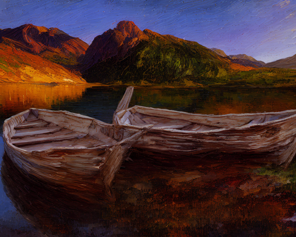 Old wooden boats on shore with serene lake and red mountains at sunset