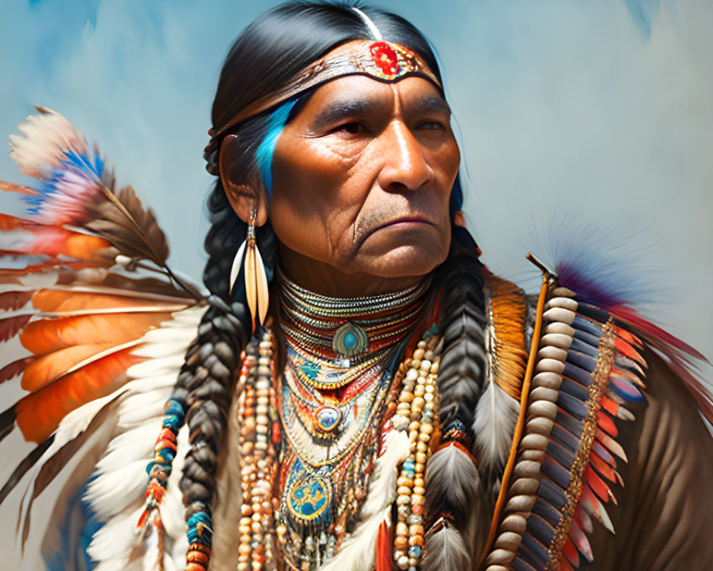 Native American man in traditional attire with feather headdress, beadwork, and face paint