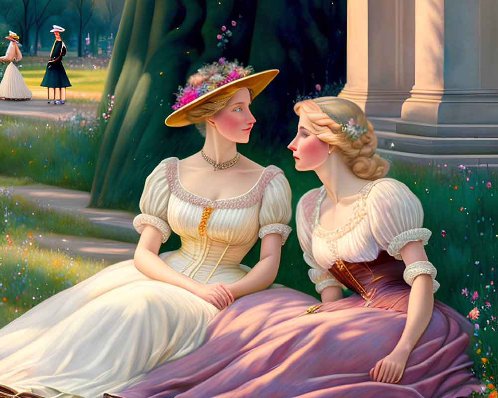 Historical women in elegant dresses in sunlit park with classical architecture