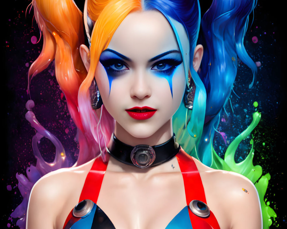 Colorful Hair and Striking Makeup on Woman in Futuristic Outfit