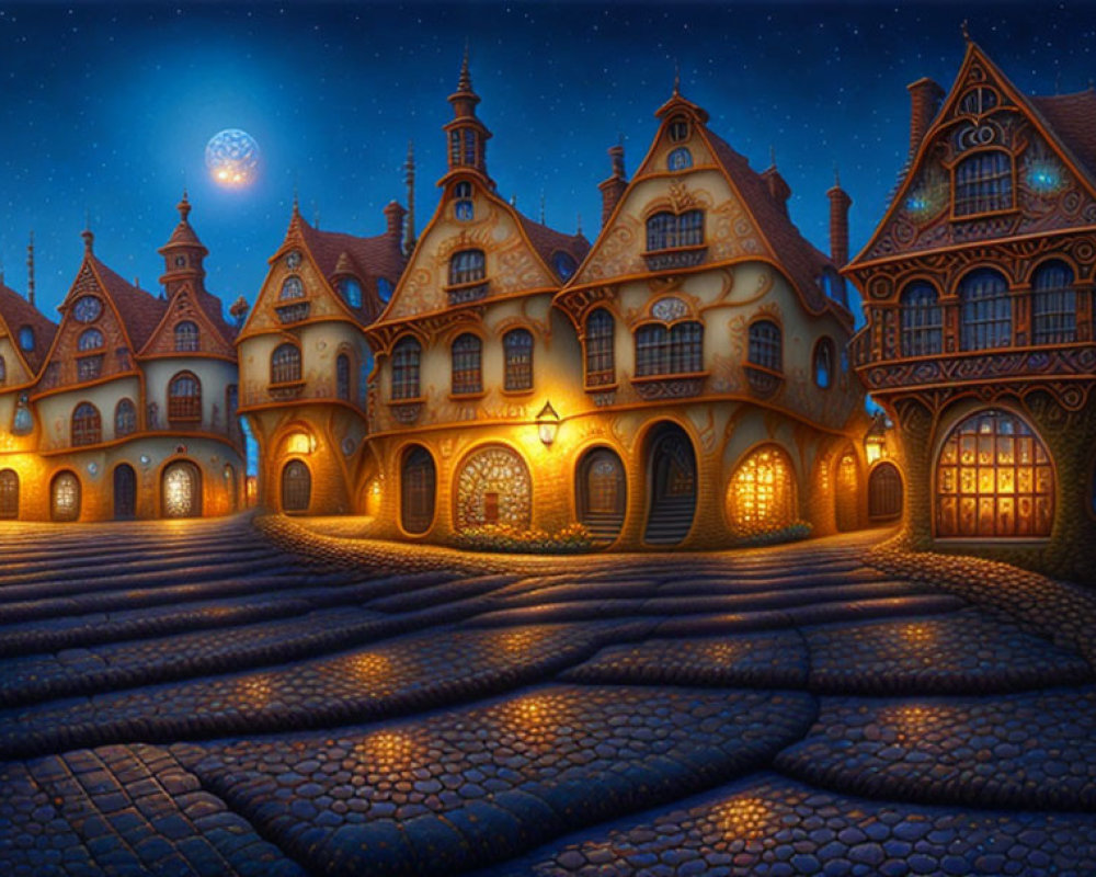 Charming cobblestone street at night with glowing lights, quaint houses, starry sky, full