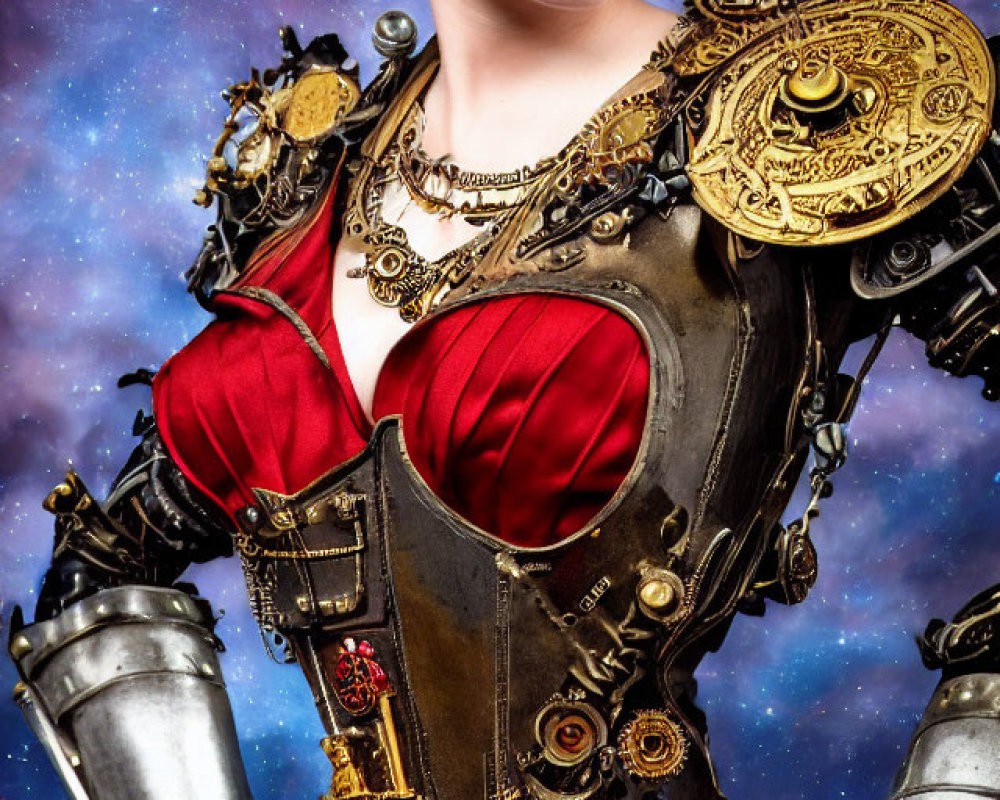 Steampunk-inspired woman in corset with metallic armguards and gloves on starry background