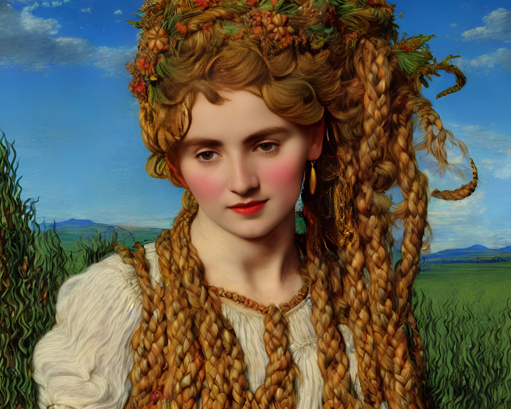 Portrait of Woman with Braided Hair and Fruit Adornments in Landscape