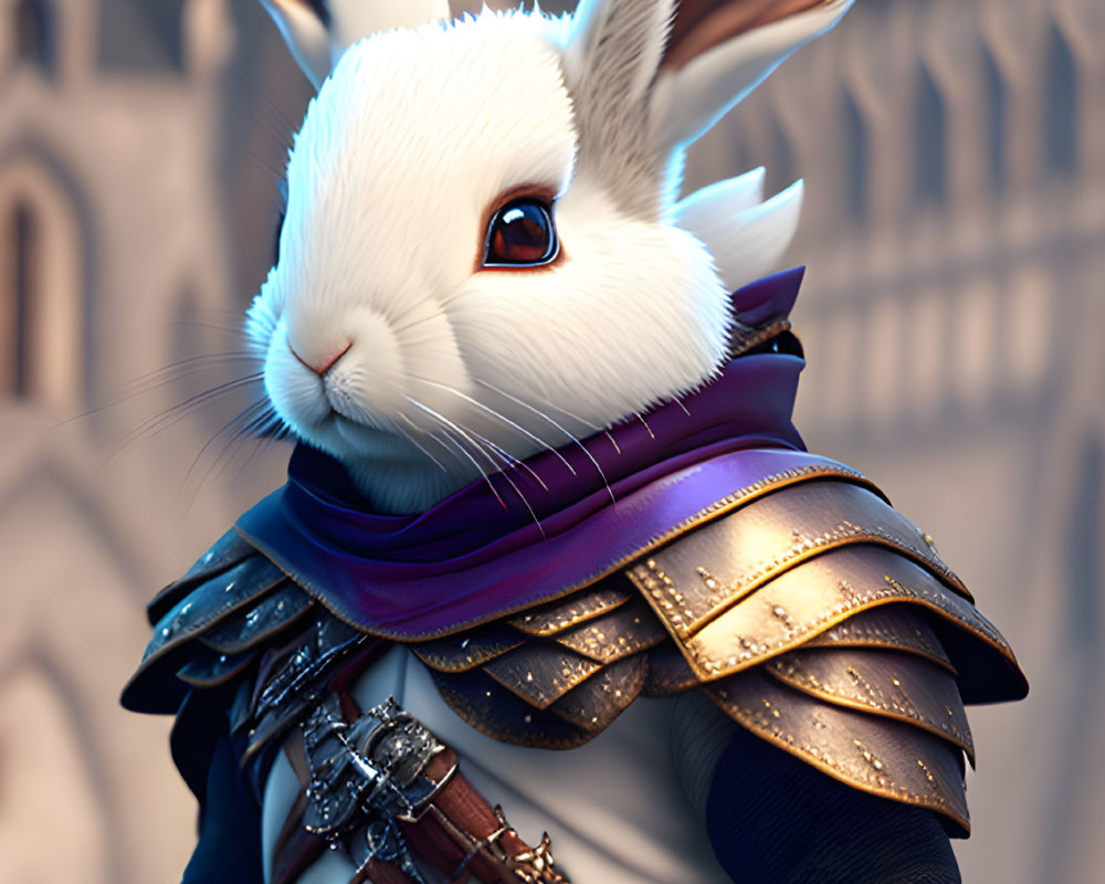 Anthropomorphic rabbit in medieval armor with purple scarf before castle.