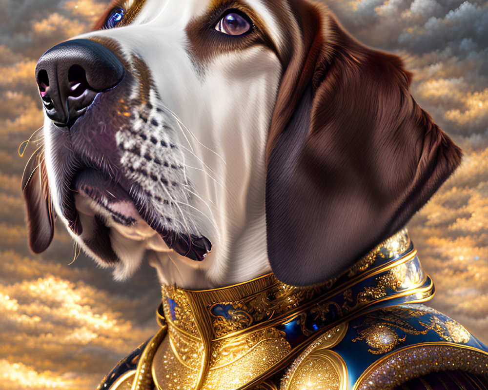 Majestic dog in royal attire against cloudy sky