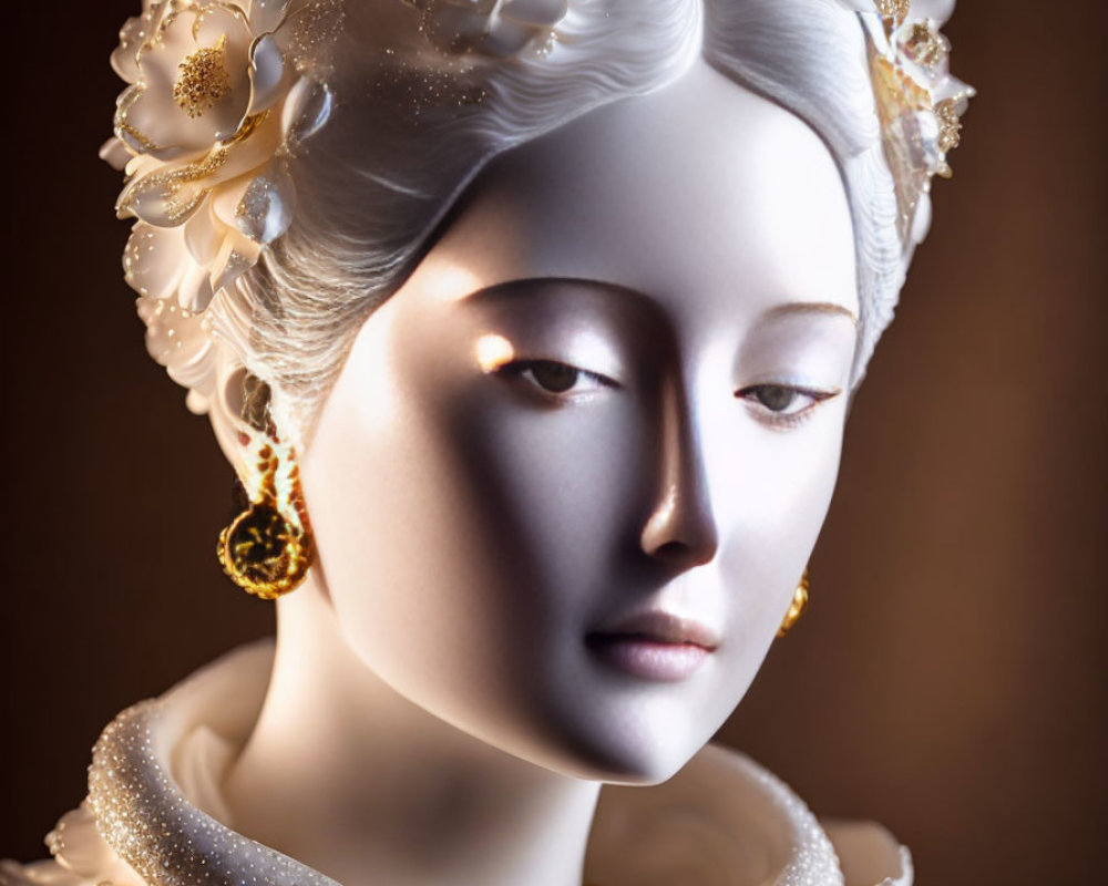 Ornate classical white bust with golden headpiece and collar