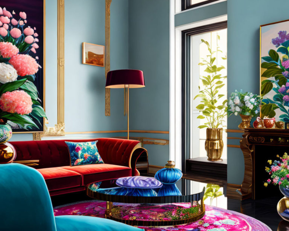 Eclectic blue room with gold frames, floral art, red sofa, teal chairs, and bold rug