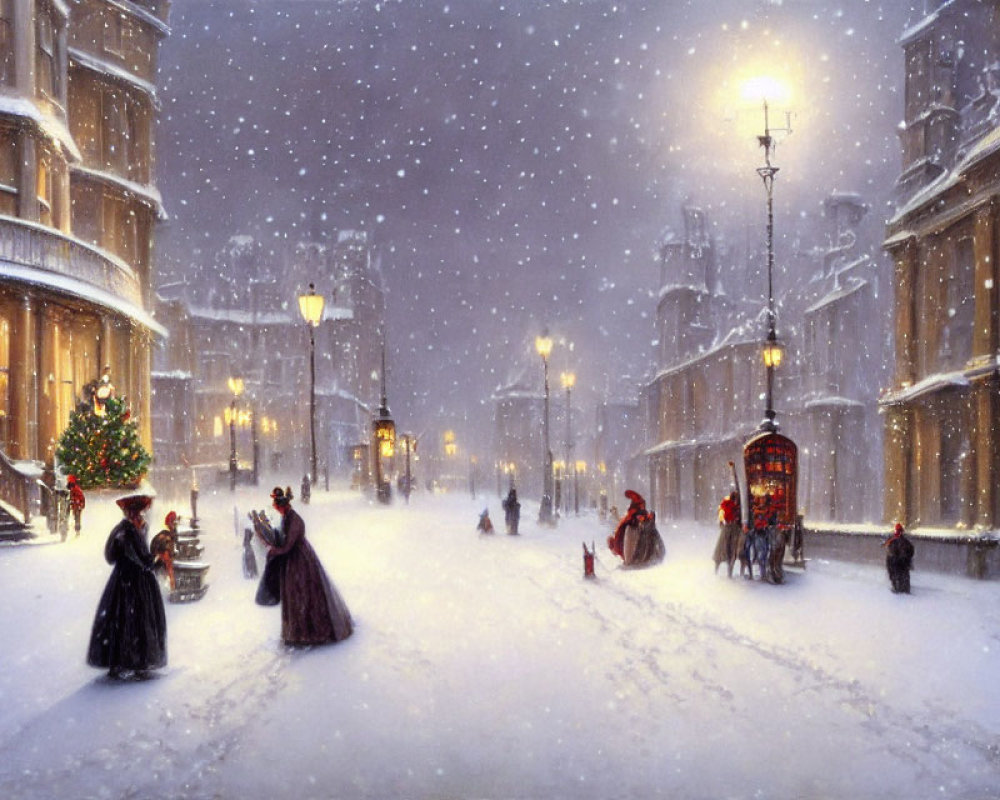 Victorian Winter Night Street Scene with Christmas Tree & Carriage