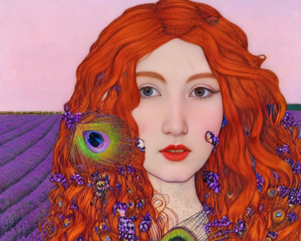 Vibrant red-haired woman in peacock feather cloak in lavender field.