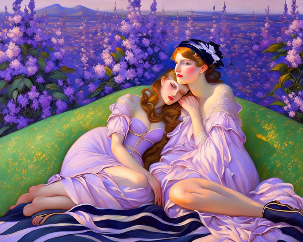 Women in flowing dresses amid purple flowers and serene backdrop