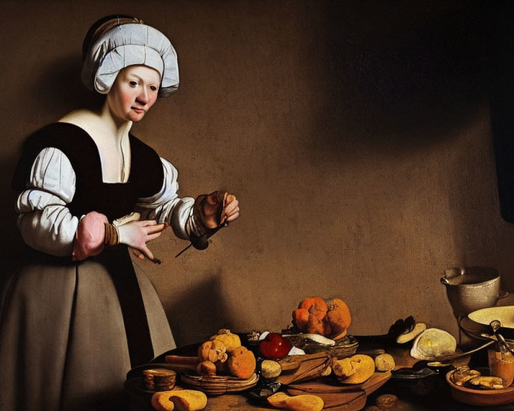 Traditional Dutch woman pouring milk with bread and fruits in dimly lit room