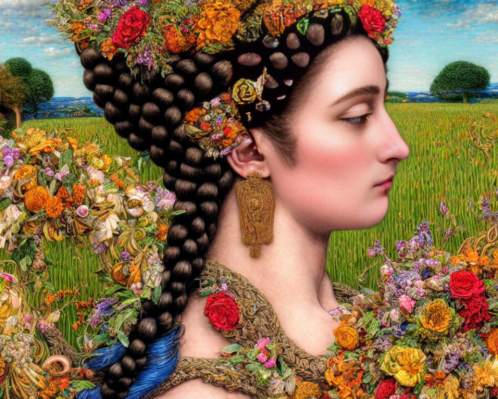 Elaborate Braided Hairstyle with Floral Adornments on Woman against Vibrant Floral Backdrop