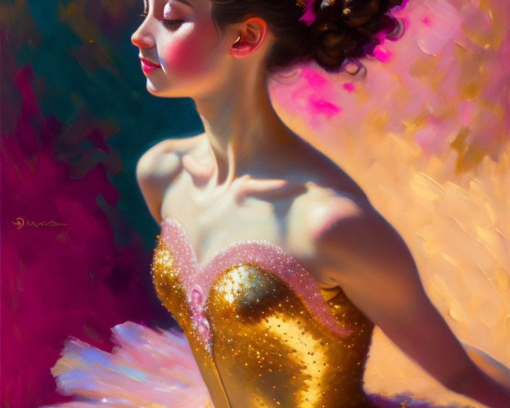 Ballerina in Golden Bodice and Pink Tutu on Colorful Background