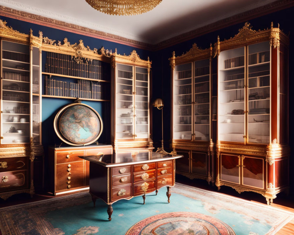 Luxurious Library with Bookshelves, Globe, Writing Desk, and Warm Lighting