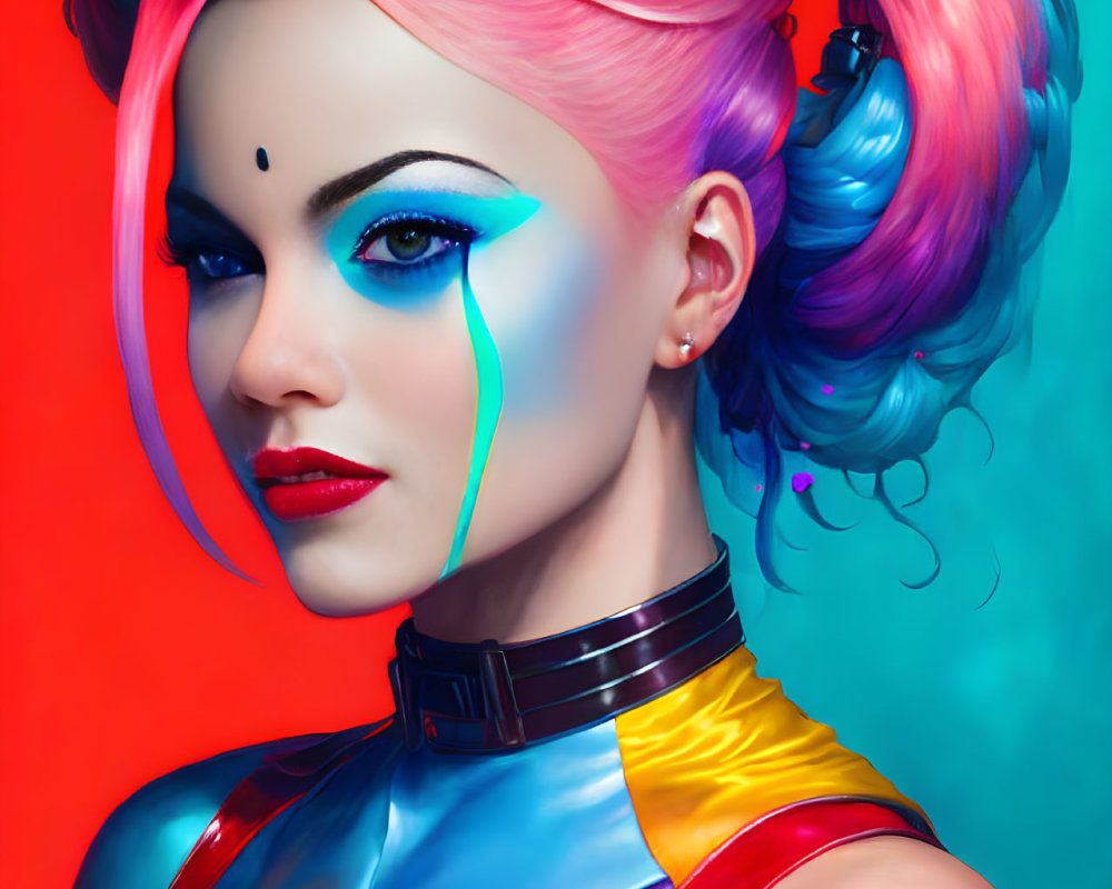 Colorful digital portrait of a woman with pink and blue hair and vivid makeup in a multicolored