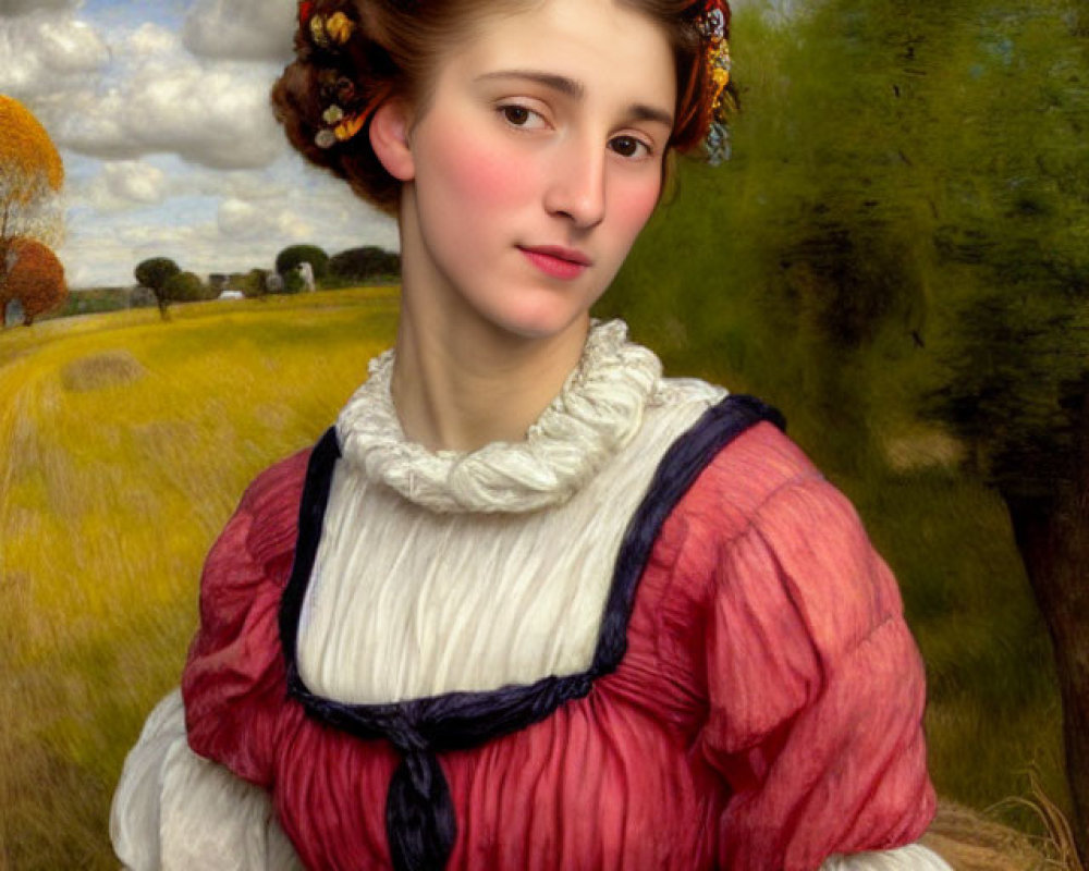 Traditional rural outfit painting of young woman in red blouse and floral headband against pastoral landscape