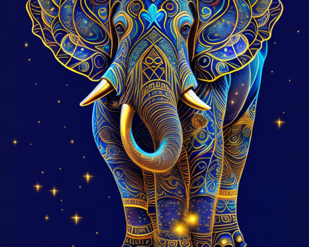 Intricate gold and blue patterned elephant under starry night sky