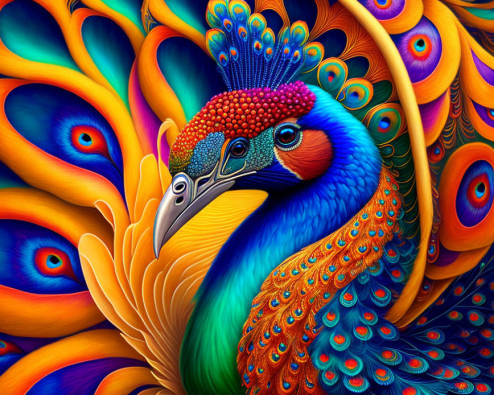 Colorful Peacock Illustration with Intricate Feathers in Blue, Orange, and Gold