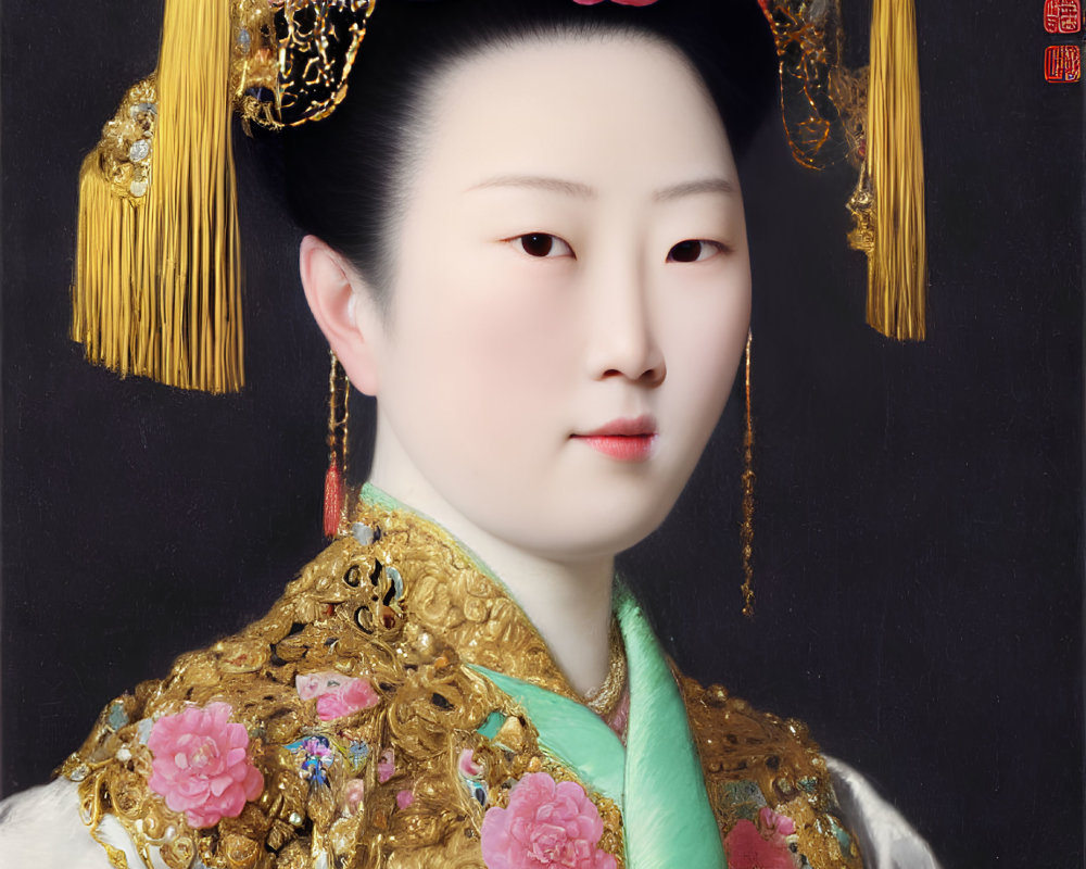 Historical East Asian woman in ornate attire and headdress