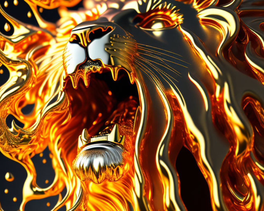 Golden fluid-like lion with fiery mane in intricate 3D rendering