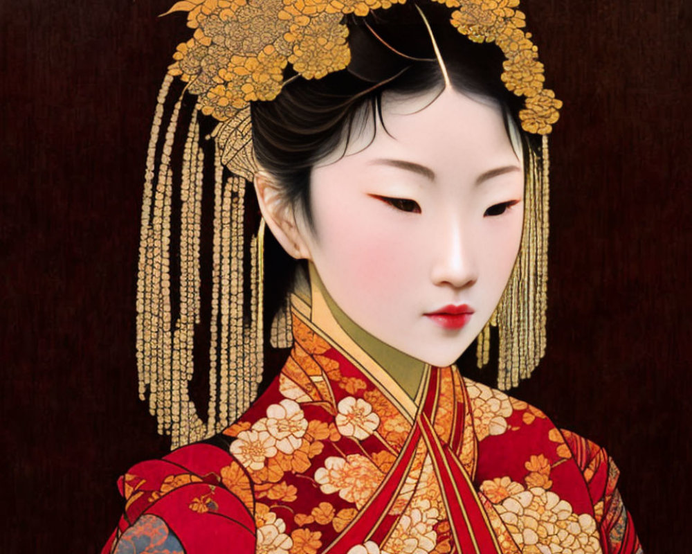 Traditional Japanese Attire Portrait with Golden Floral Patterns