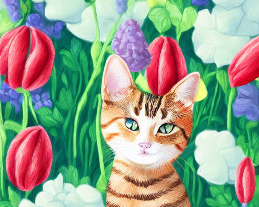 Vibrant tabby cat surrounded by tulips and purple flowers