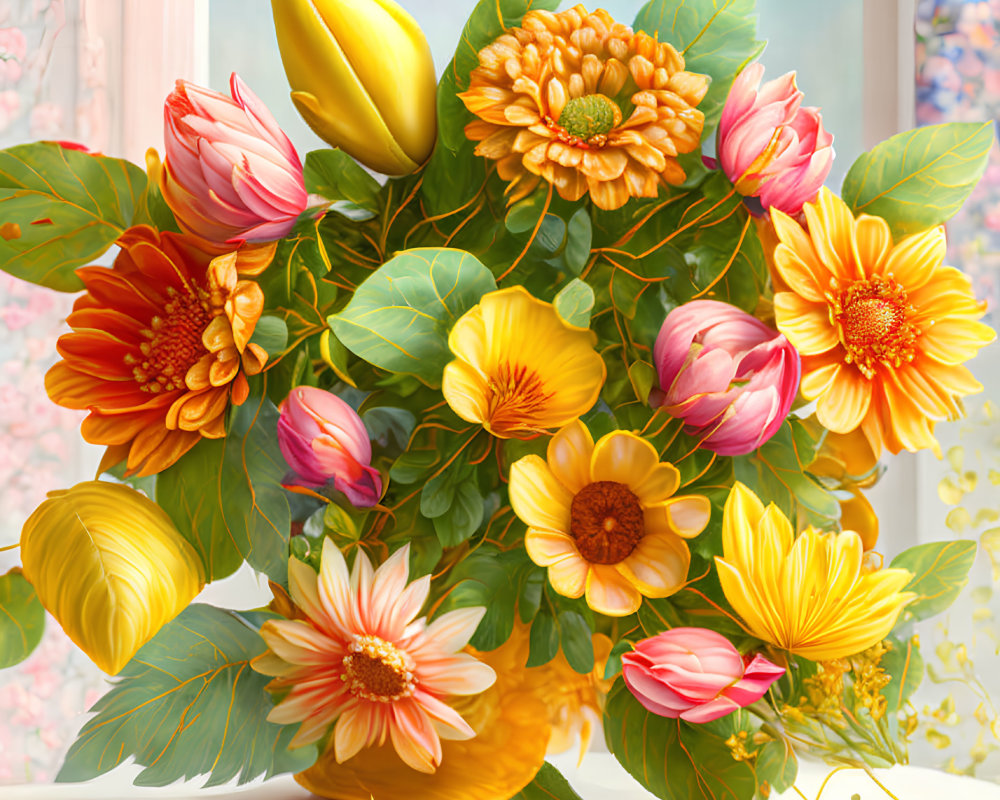 Vibrant bouquet of orange and yellow flowers in yellow vase, petals scattered near window with pink curtains