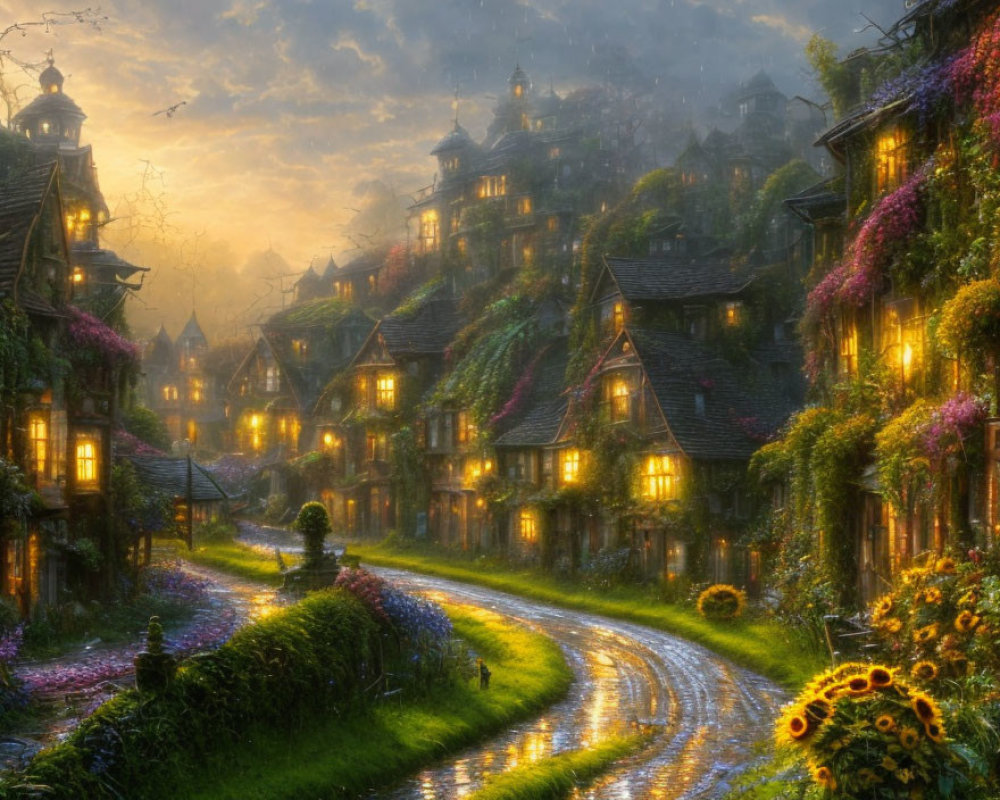 Twilight fairytale village with cobblestone paths and serene river