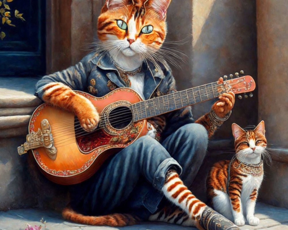 Orange Tabby Cat Playing Guitar with Kitten Against Stone Wall