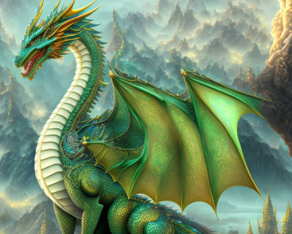 Majestic green dragon with ornate scales and large wings in mountain backdrop