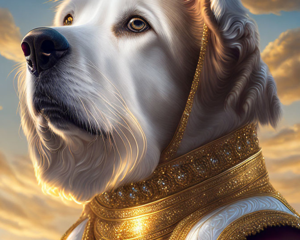 White Fur Dog in Golden Collar and Armor Against Sunset Sky