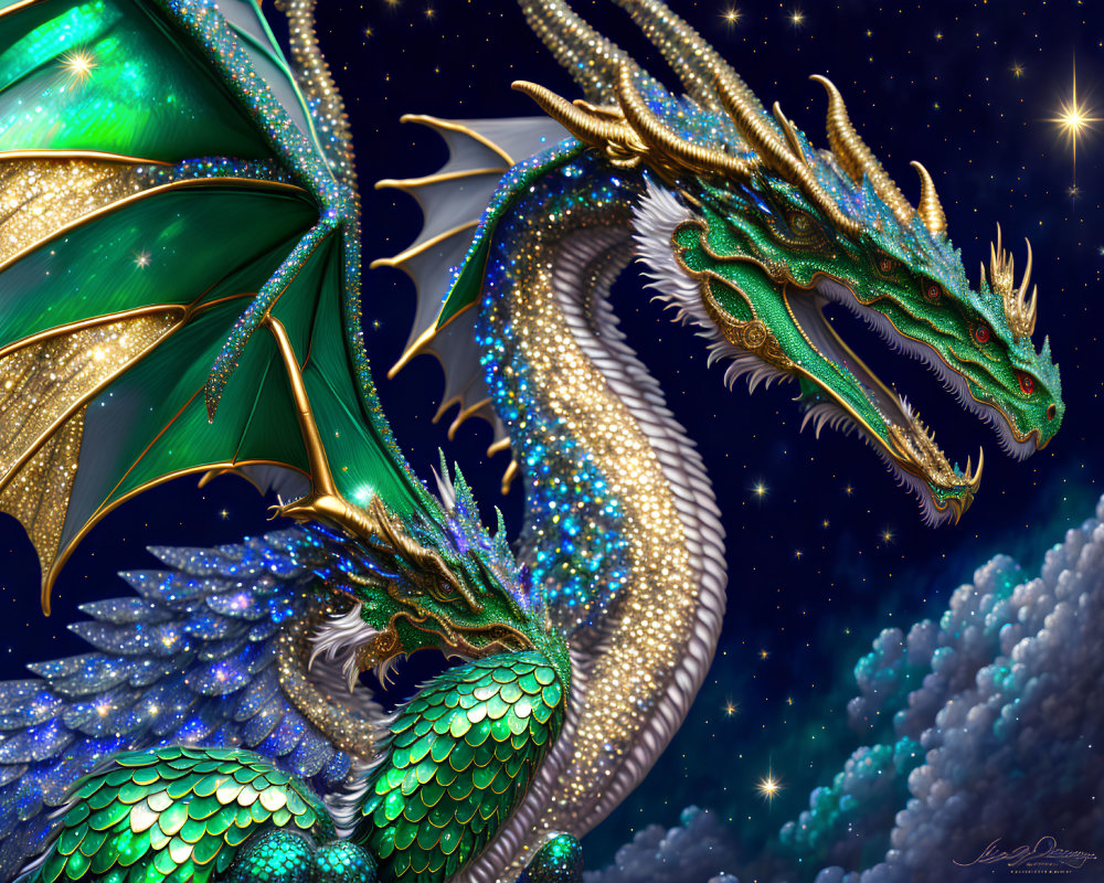 Detailed illustration of multi-headed dragon with green and blue scales in starry night sky