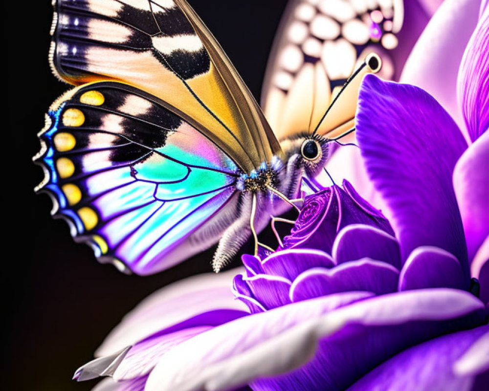 Colorful Butterfly Resting on Purple Flower with Translucent Wings