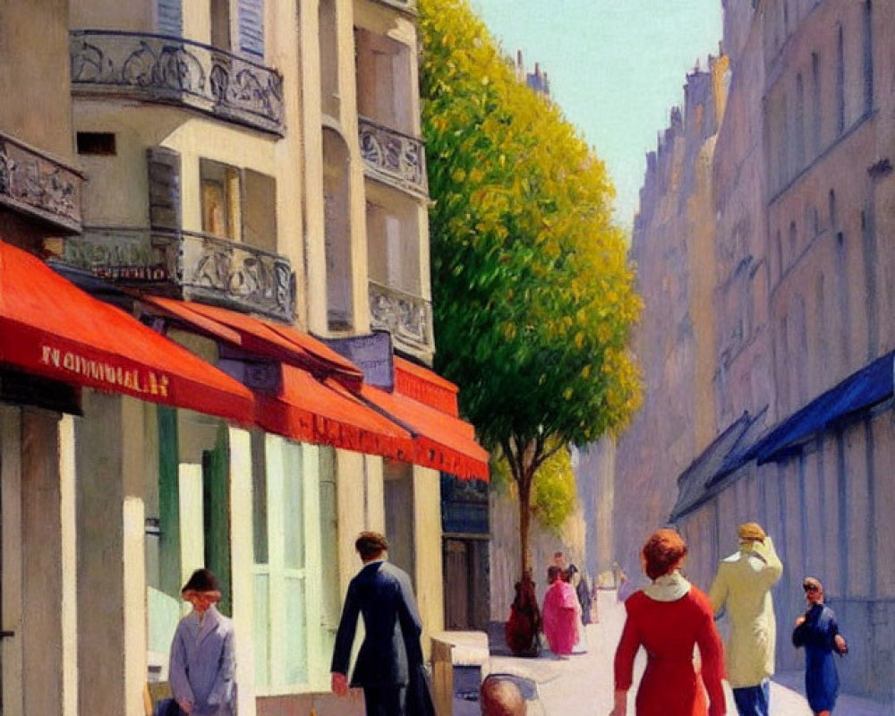 City street scene with pedestrians and lady in red near building with awning