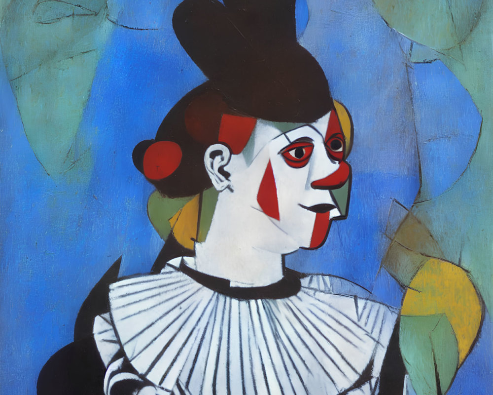 Cubist Harlequin Figure on Blue Background