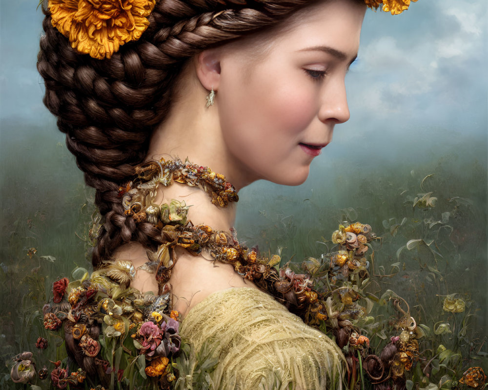 Woman with Intricate Braid and Floral Dress in Meadow Scene