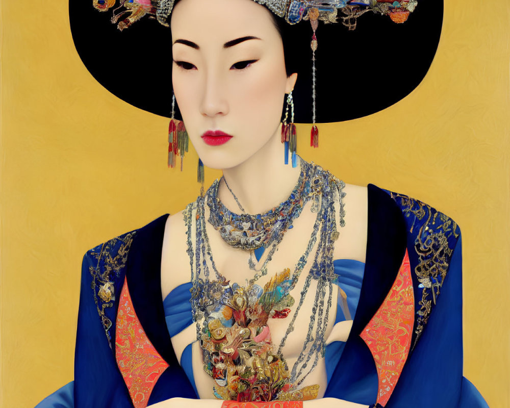 Traditional Asian Attire Woman with Elaborate Headdress and Jewelry