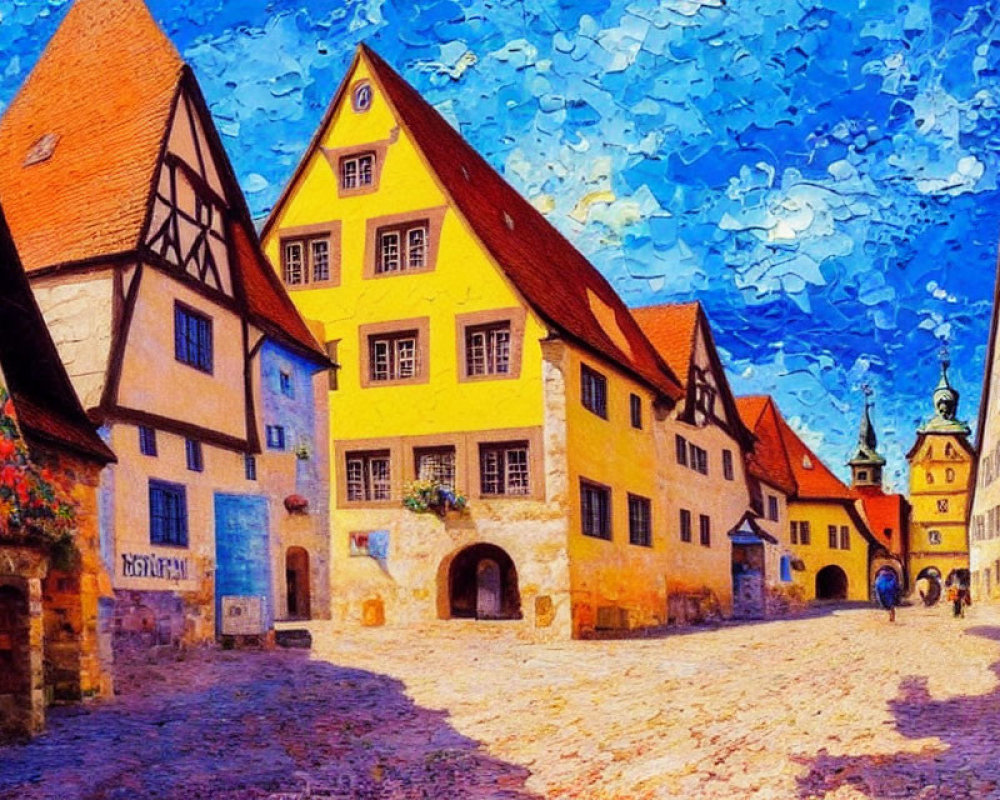 Vibrant Impressionistic Painting of European Cobblestone Street