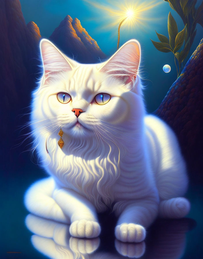 White Cat with Yellow Eyes and Golden Earring in Mountain Landscape