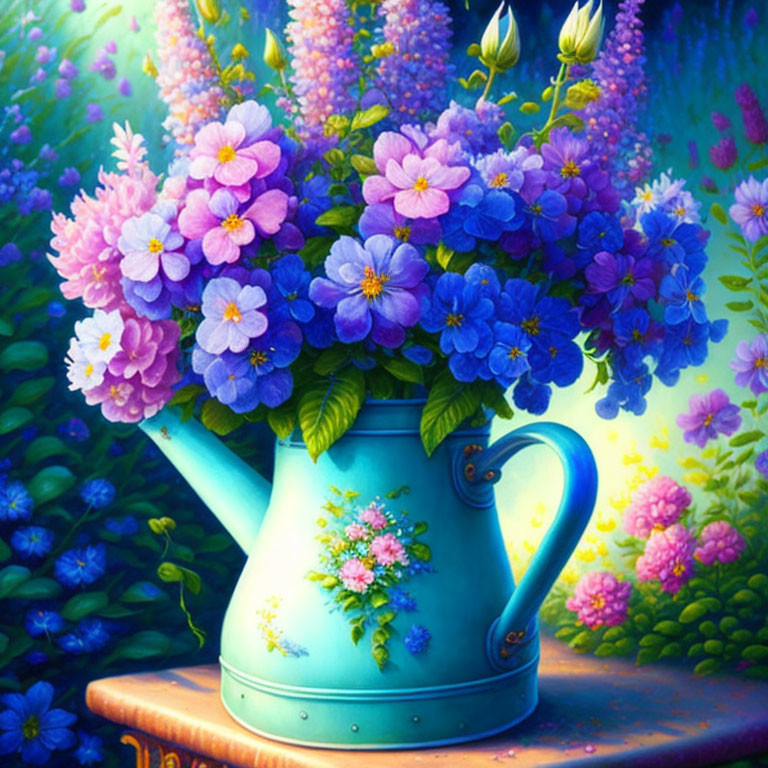 Colorful digital painting of blue watering can with flowers in magical forest