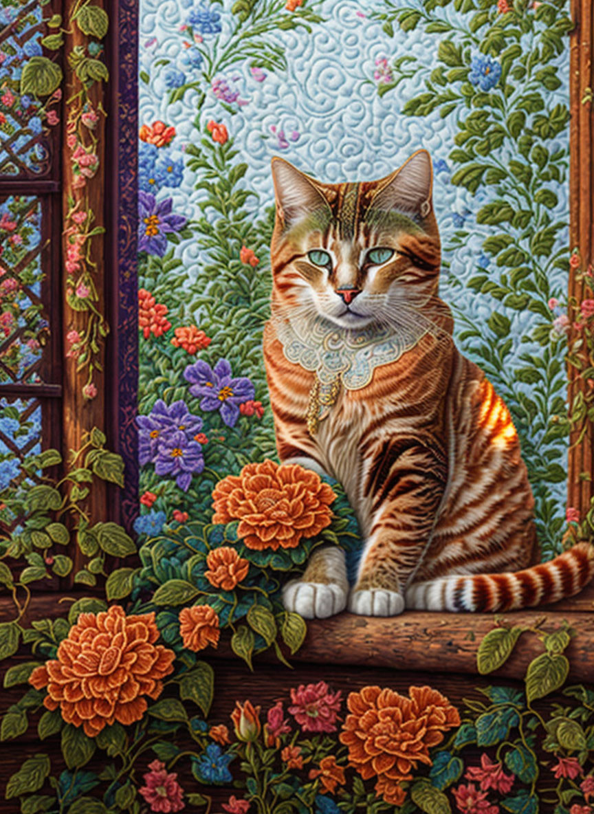 Colorful Illustration of Orange Tabby Cat with Flowers and Sky