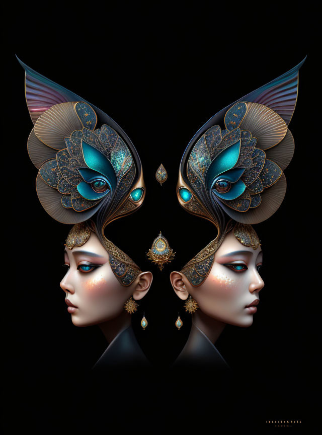 Symmetrical digital artwork: Female profiles, ornate headpieces, blue and gold tones, teard