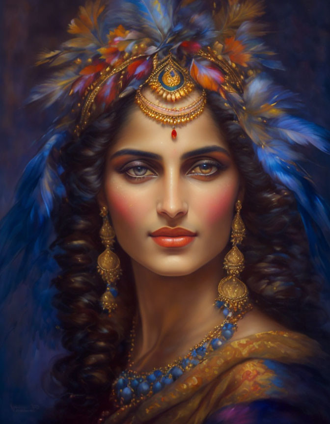 Colorful Feathered Headpiece and Gold Jewelry Adorned Portrait of Elegant Woman